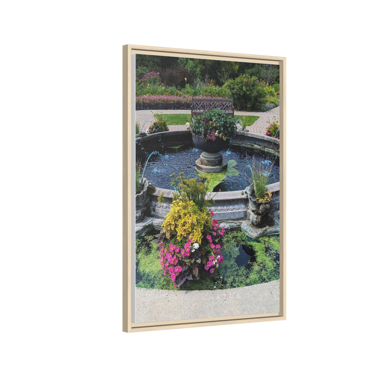 Framed Matte Canvas Fountain Garden Print
