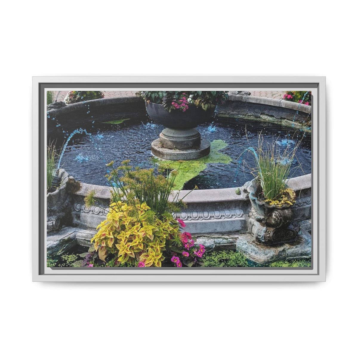 Framed Matte Canvas Fountain Garden Print