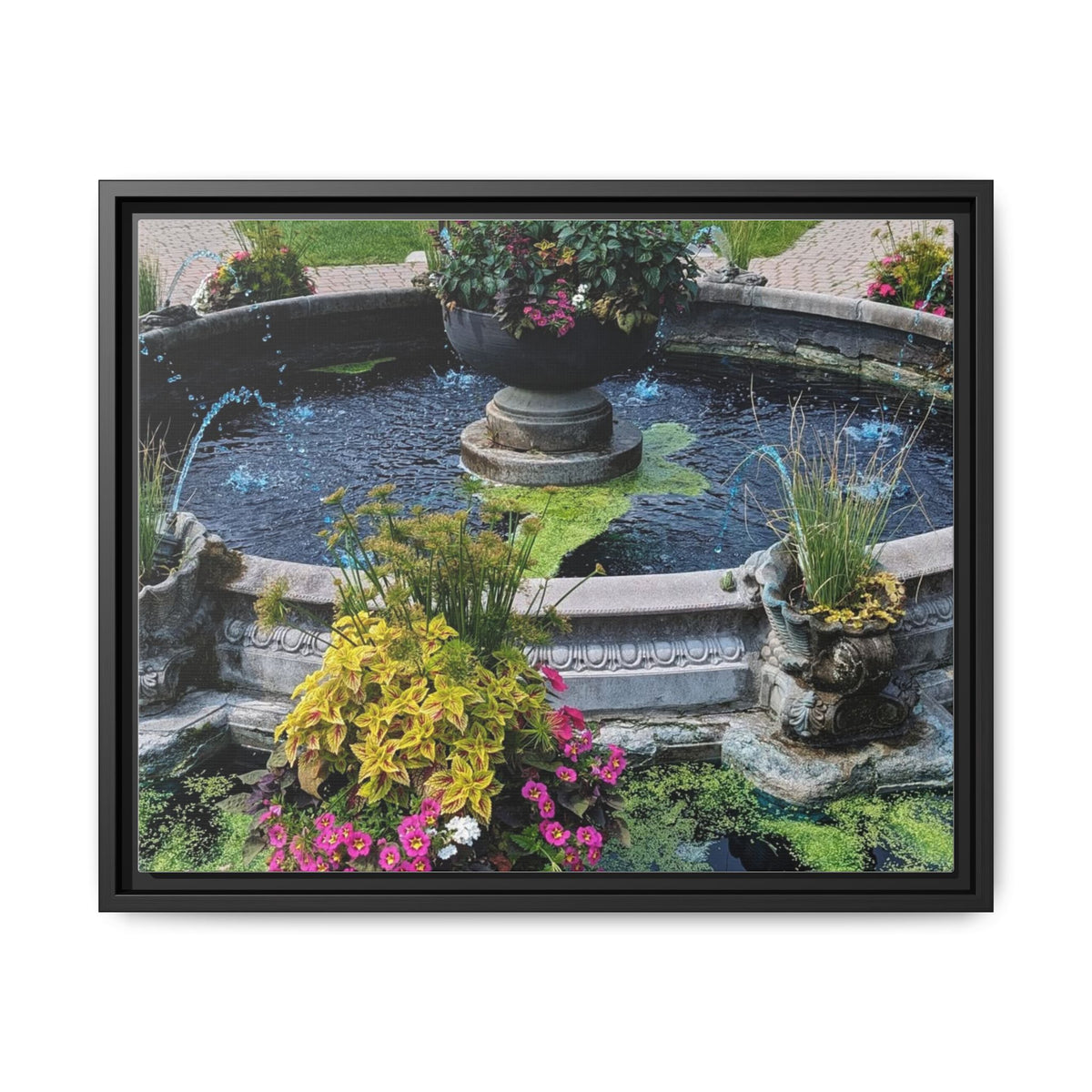 Framed Matte Canvas Fountain Garden Print