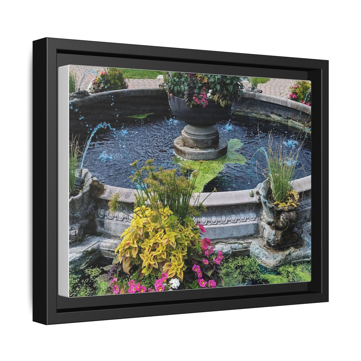 Framed Matte Canvas Fountain Garden Print