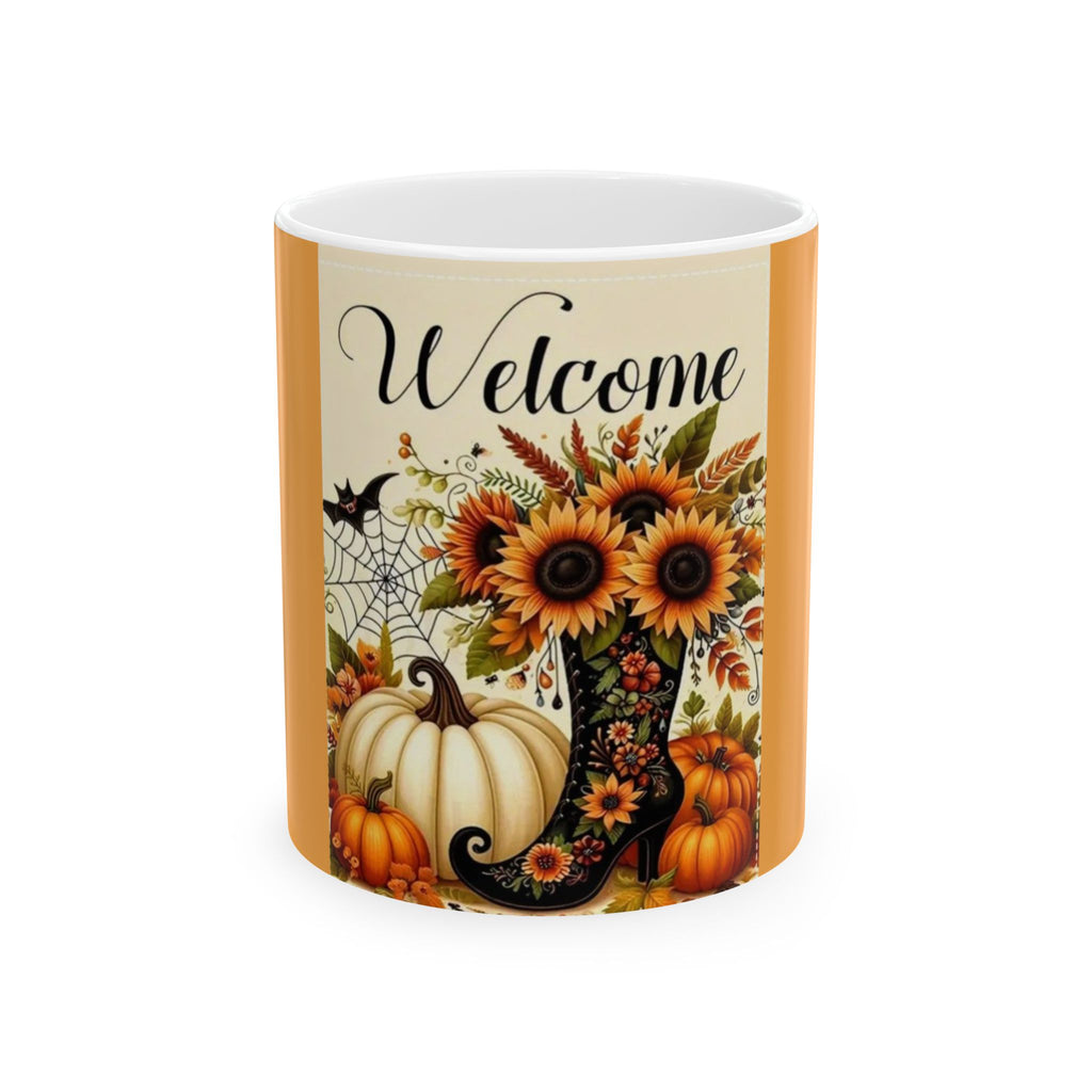 Welcome Autumn Sunflowers Ceramic Mug — Fall Pumpkin & Spiderweb Coffee Cup (11oz/15oz)