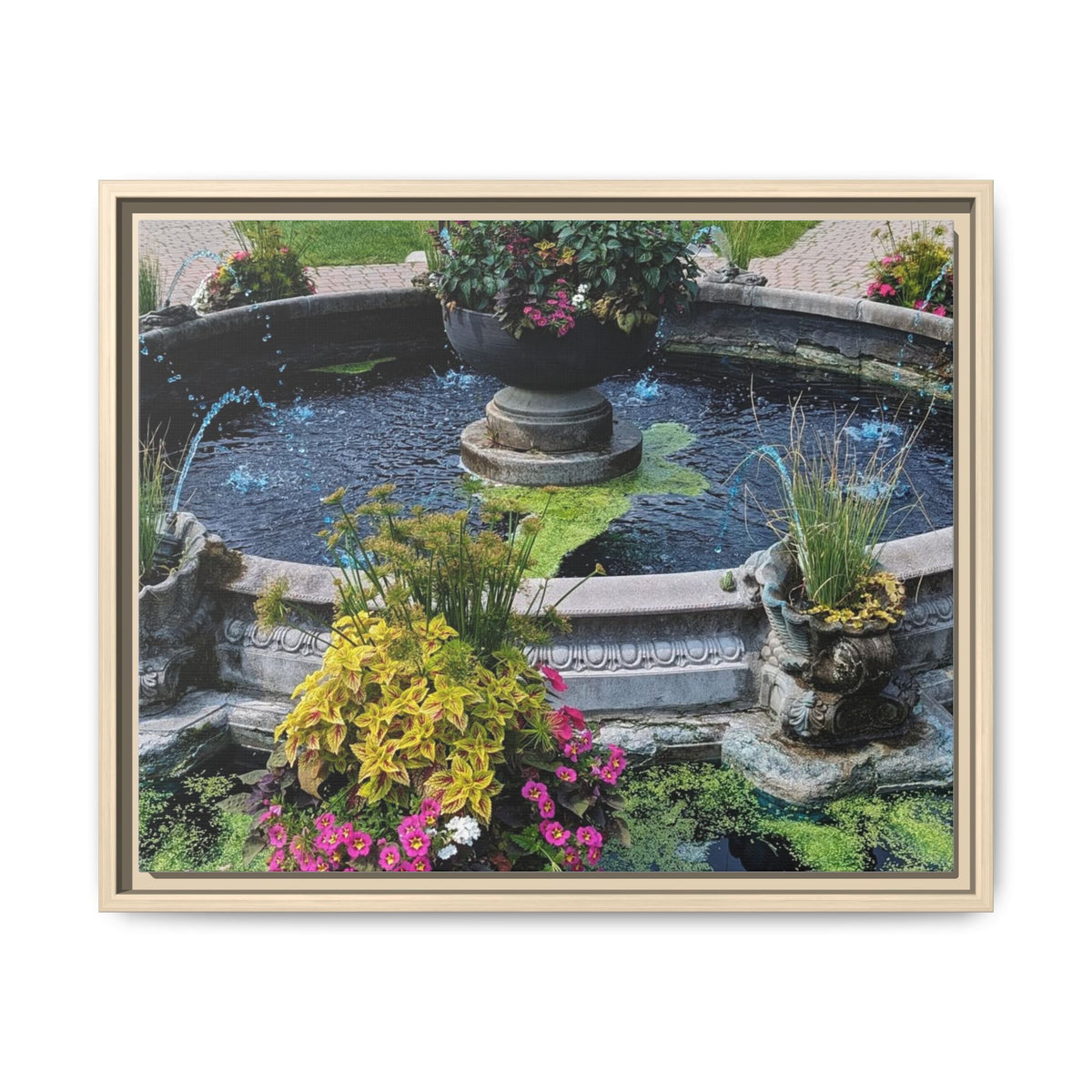 Framed Matte Canvas Fountain Garden Print