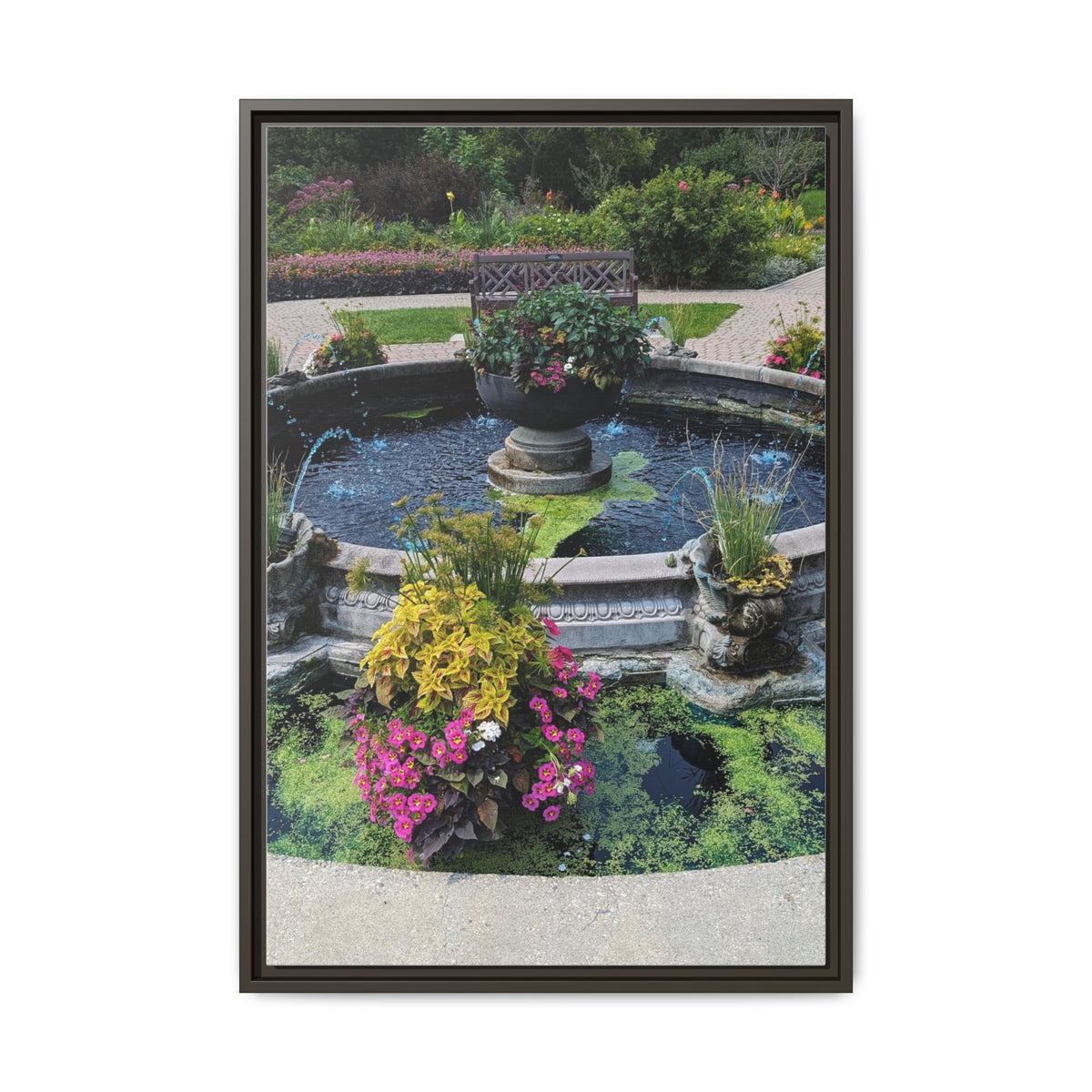 Framed Matte Canvas Fountain Garden Print
