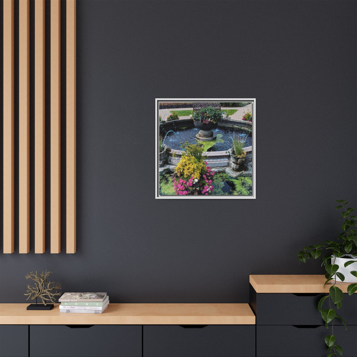 Framed Matte Canvas Fountain Garden Print