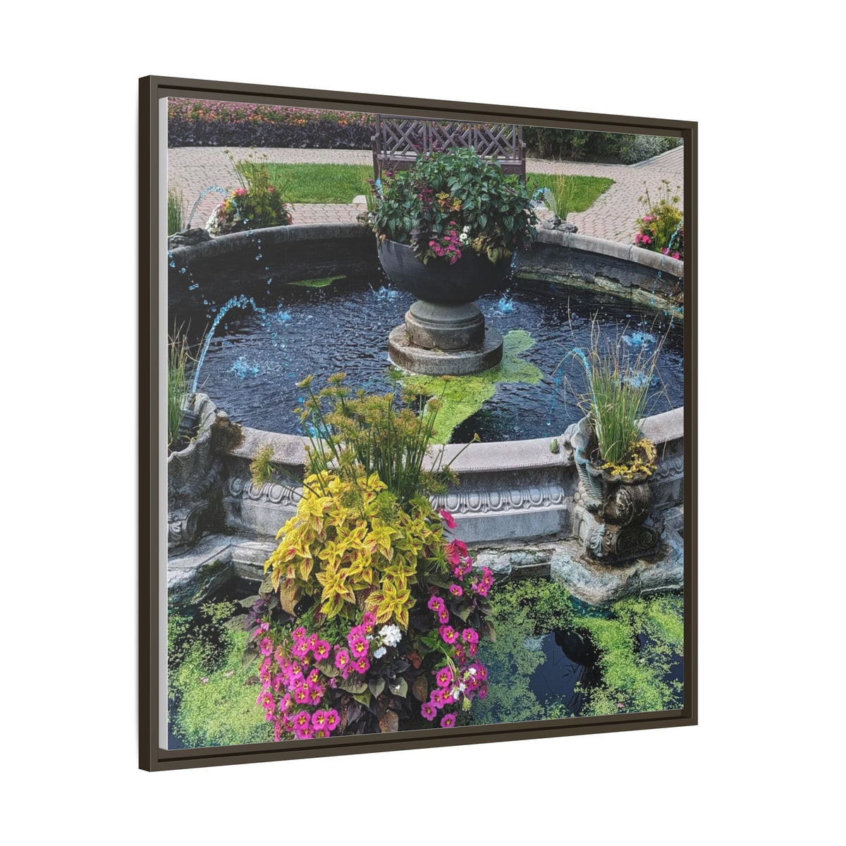 Framed Matte Canvas Fountain Garden Print