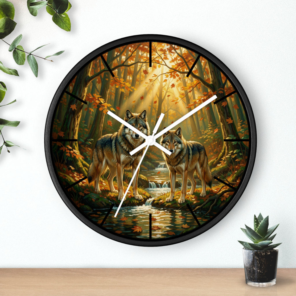 Wolf Forest Wall Clock — Autumn Woodland Wildlife Decor