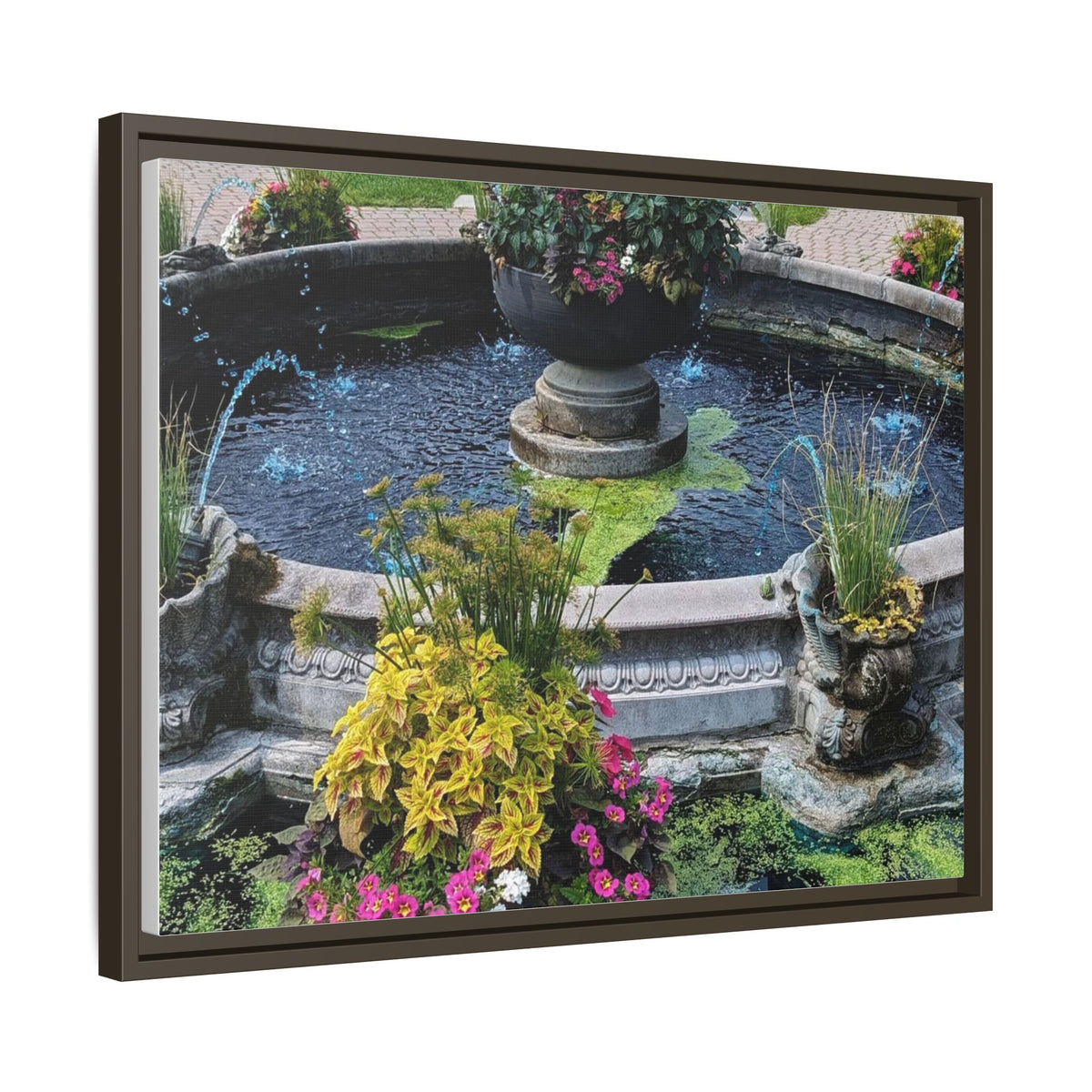 Framed Matte Canvas Fountain Garden Print