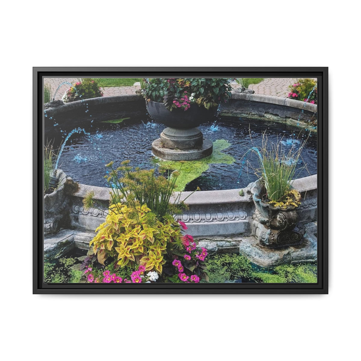 Framed Matte Canvas Fountain Garden Print