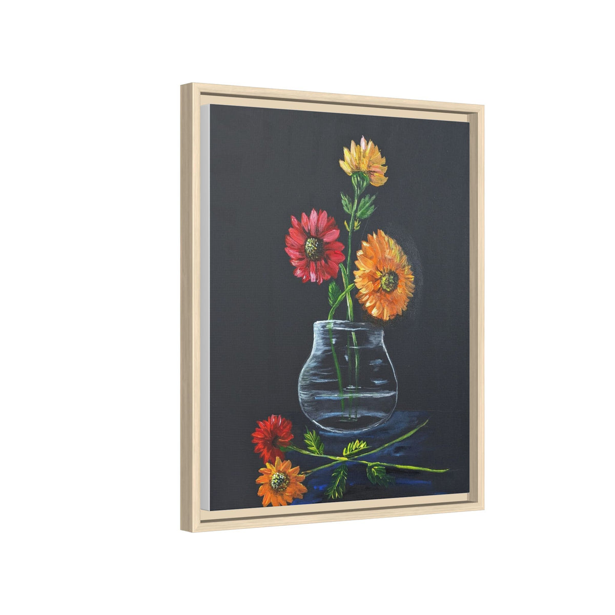 Framed Matte Canvas Wall Art — Colorful Gerbera Vase Painting