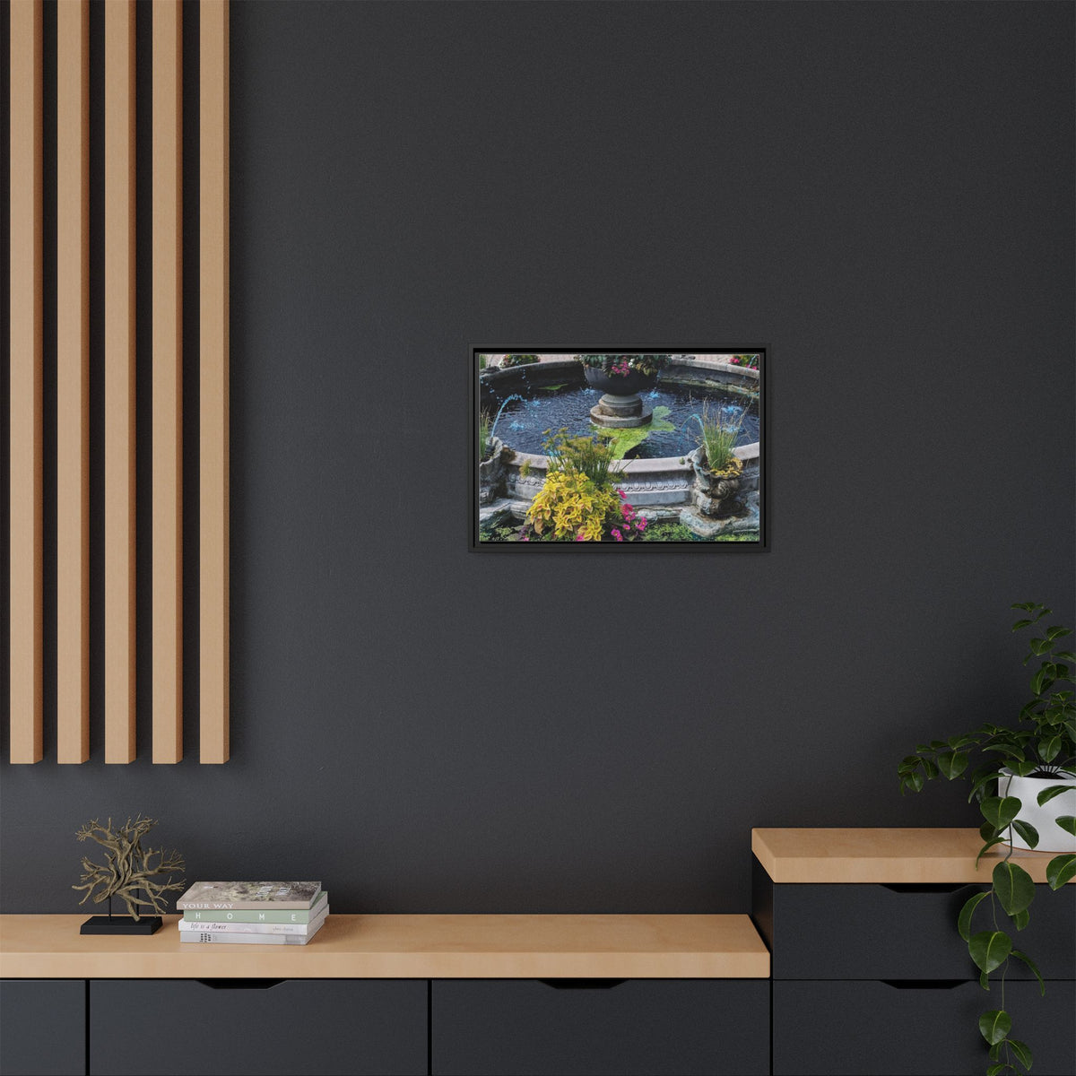 Framed Matte Canvas Fountain Garden Print