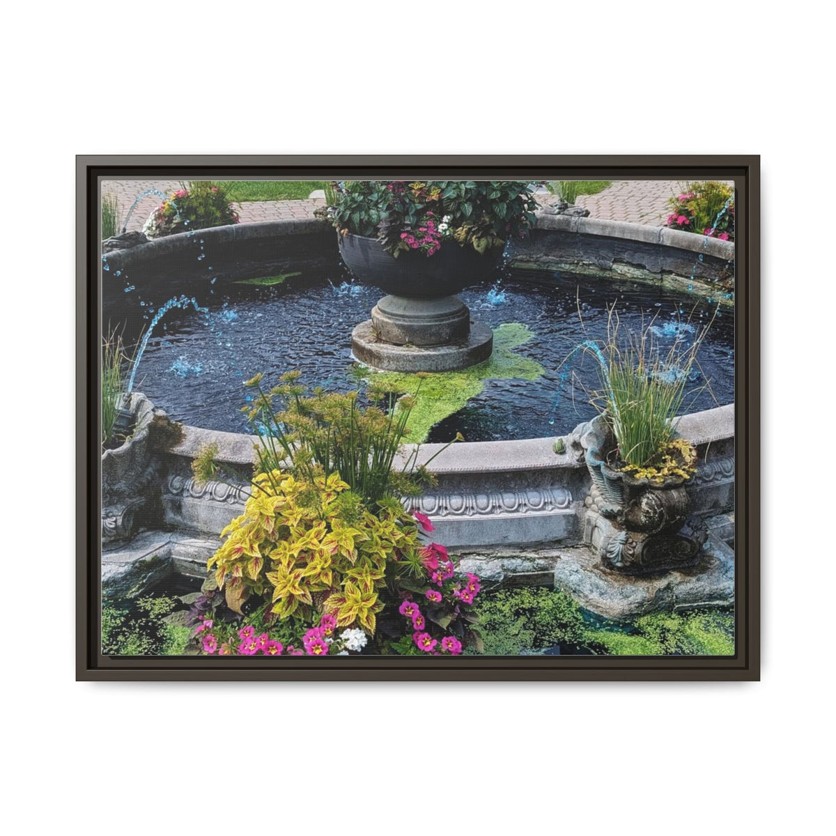 Framed Matte Canvas Fountain Garden Print