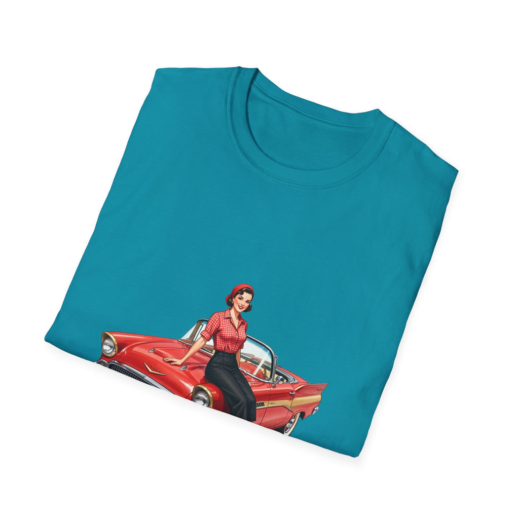 Vintage Pin-Up Girl on Red Classic Car T-Shirt