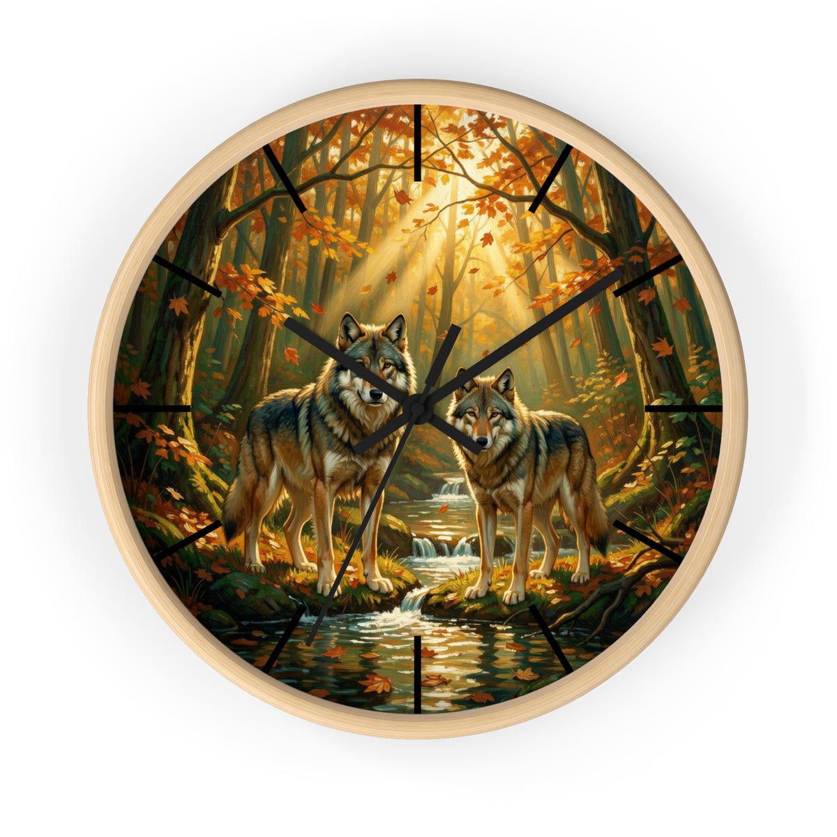 Wolf Forest Wall Clock — Autumn Woodland Wildlife Decor