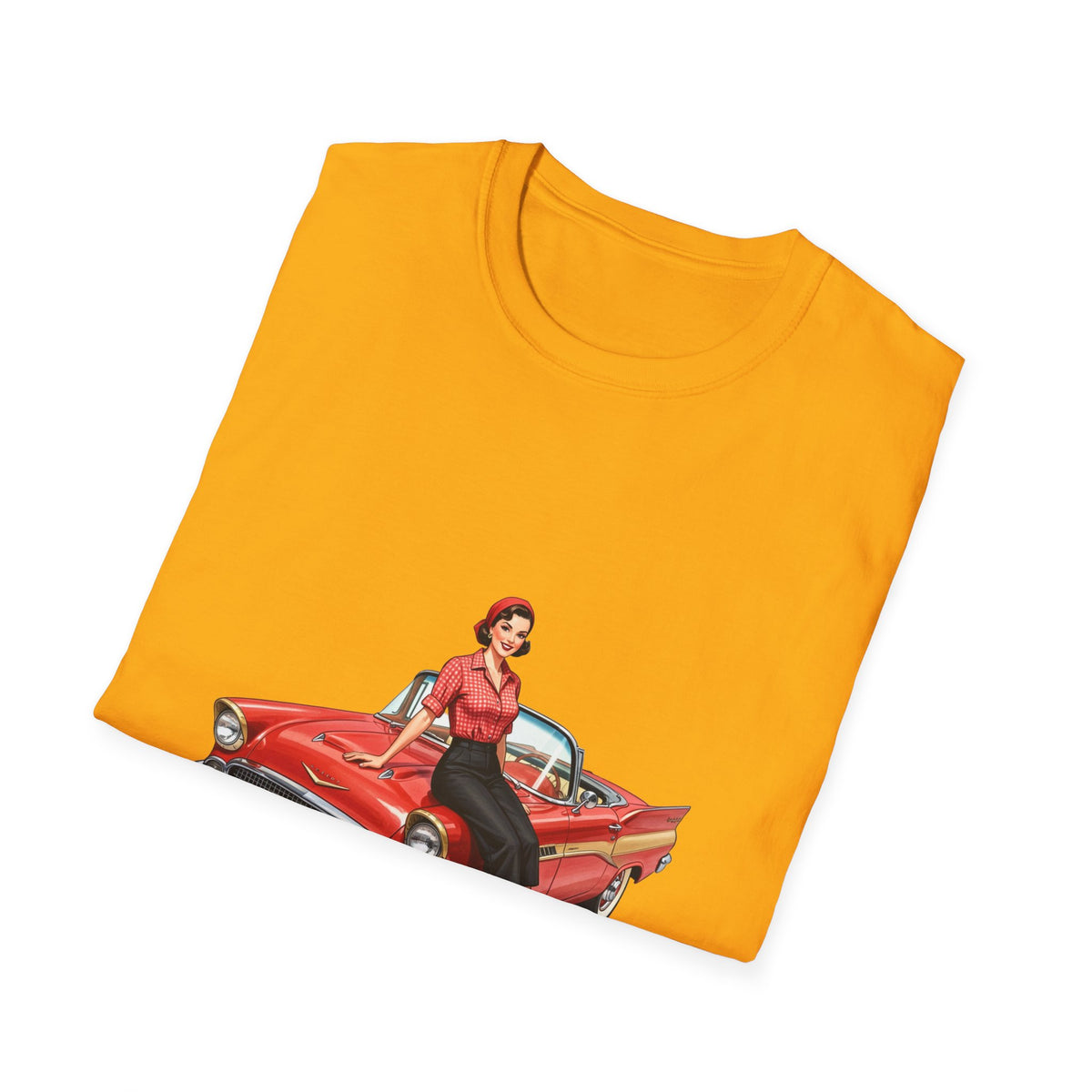 Vintage Pin-Up Girl on Red Classic Car T-Shirt